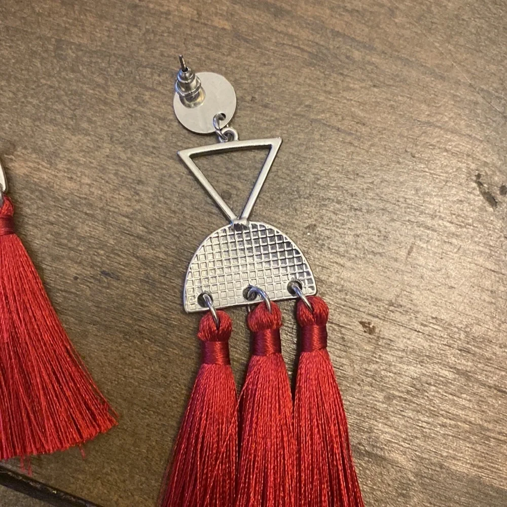Red tassel earrings silver‎ earrings with triple red tassel dangle earrings
